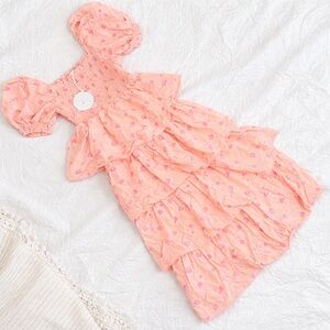 NWT LoveShackFancy Simone Smocked Tiered Ruffled Pink Midi Maxi Floral Dress,Med